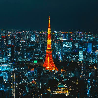 Tokyo Tower in tokyo, Japan - Japan's iconic red and white broadcasting tower inspired by the Eiffel Tower, offering panoramic city views and serving as a beloved symbol of Tokyo's post-war rebirth.