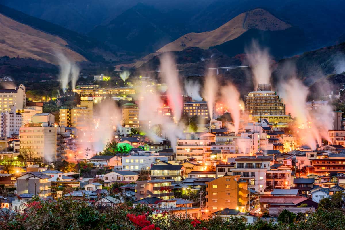 Beppu Onsen Town in oita, Japan - Japan's largest hot spring resort with eight distinct onsen districts, colorful 'Hells' (jigoku), sand baths, mud baths, and over 2,000 hot spring sources.