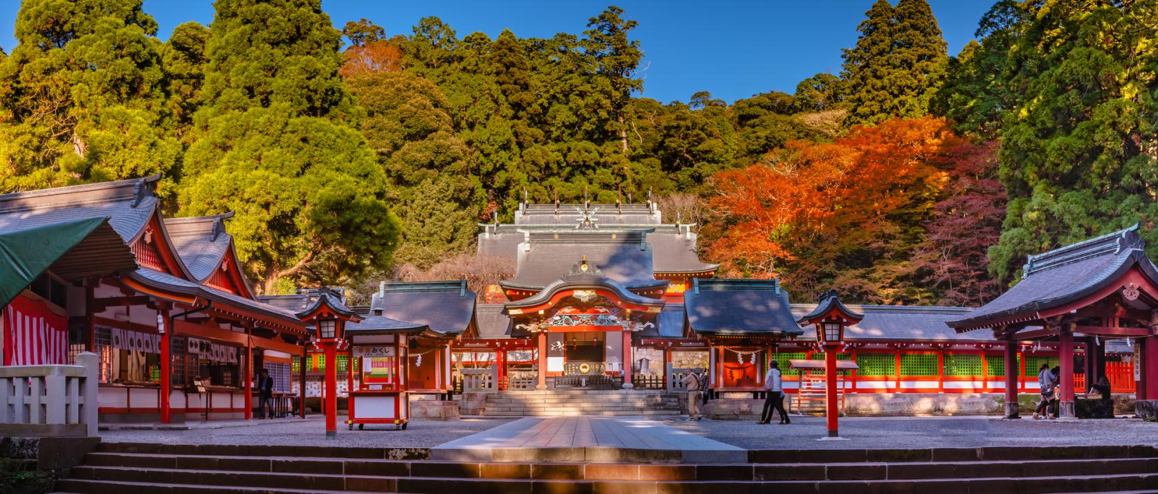 Kirishima Jingu Shrine in kagoshima, Japan - An ancient Shinto shrine nestled in the sacred Kirishima mountains, dedicated to the mythological founder of Japan and renowned for its vermillion architecture set against lush forests.