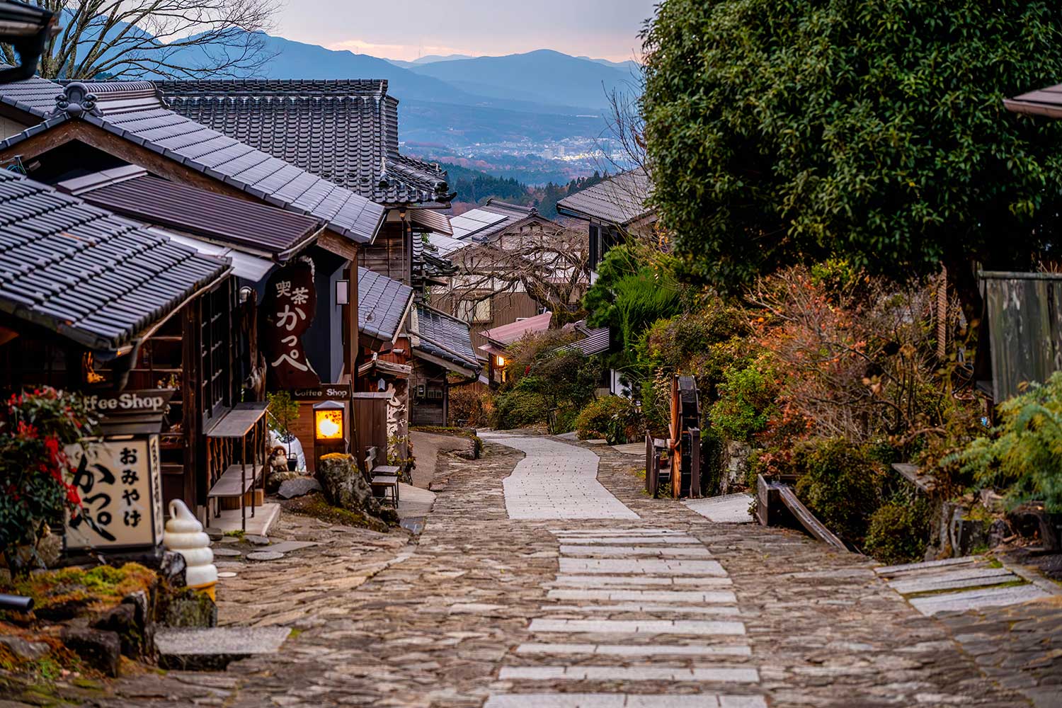 Magome-juku in gifu, Japan - A beautifully preserved Edo-period post town on the historic Nakasendo Trail, featuring traditional inns, stone-paved streets, and mountain scenery in the Kiso Valley.