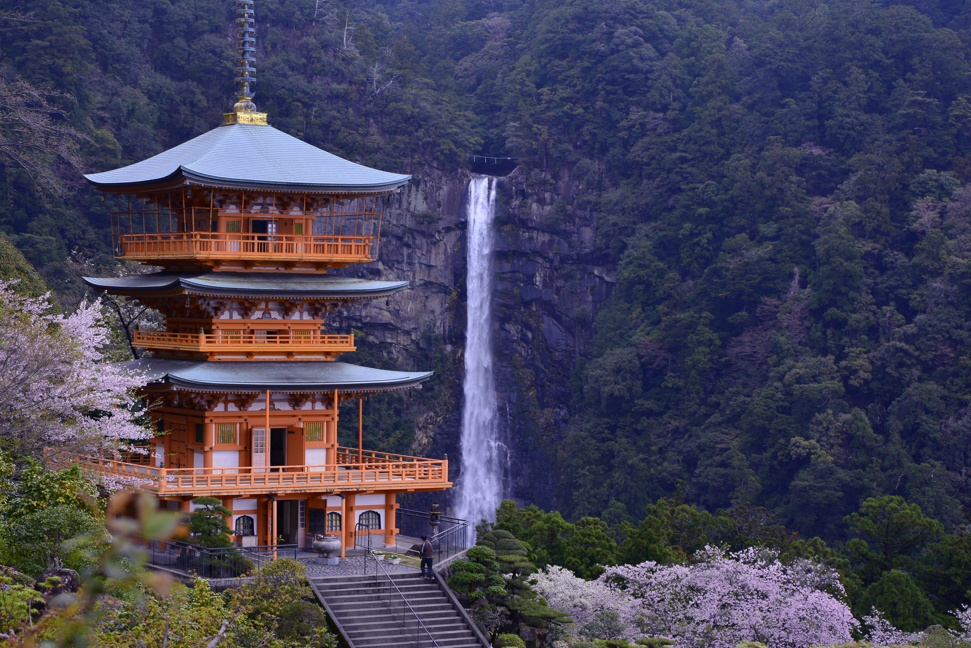 Nachi Falls & Seiganto-ji Temple in wakayama, Japan - Japan's tallest single-drop waterfall at 133 meters, paired with iconic vermillion pagoda creating one of Japan's most photographed scenes on the Kumano Kodo pilgrimage route.