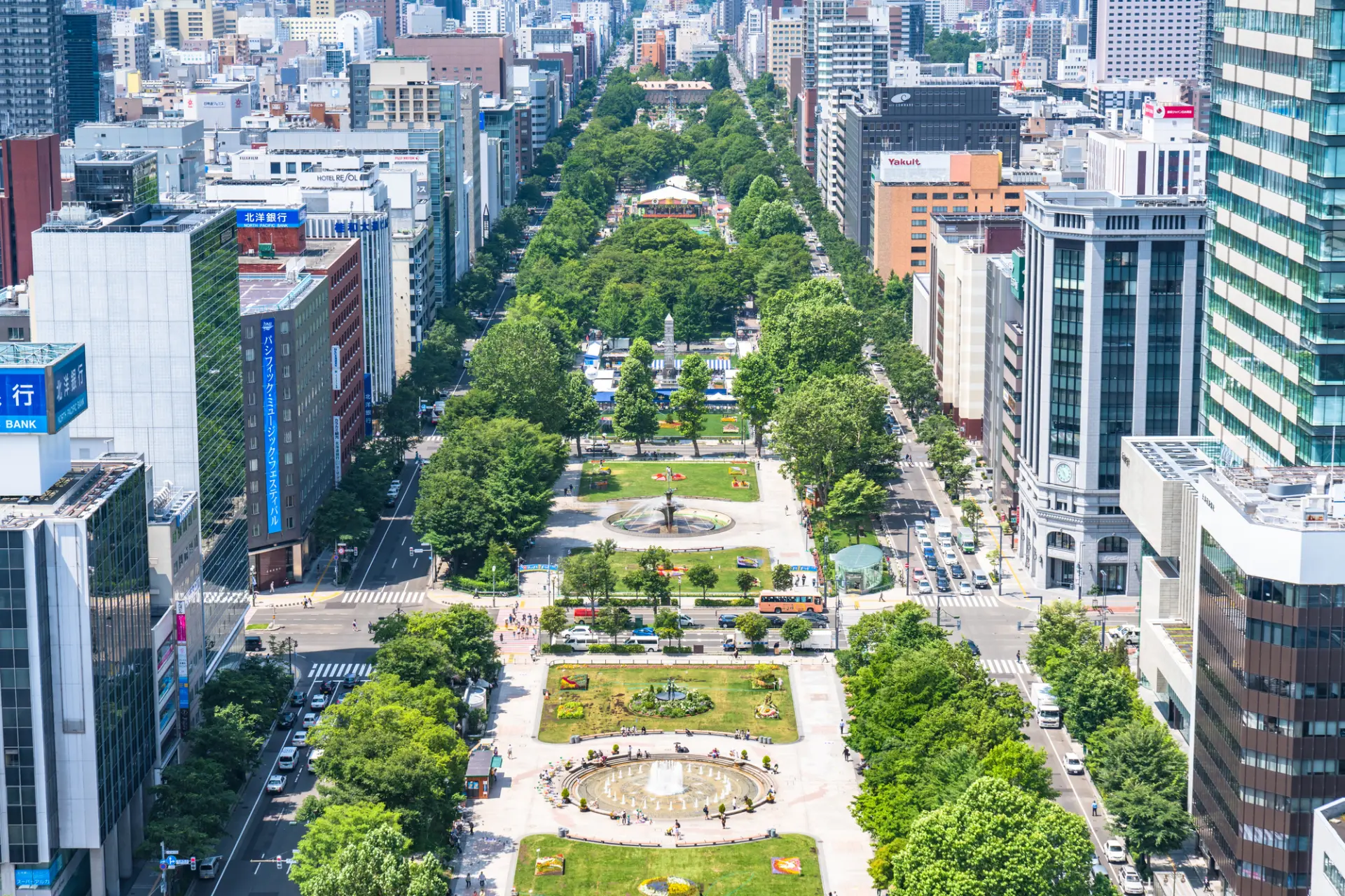 Odori Park in hokkaido, Japan - A 1.5km urban oasis stretching through central Sapporo, famous for seasonal festivals including the world-renowned Sapporo Snow Festival.
